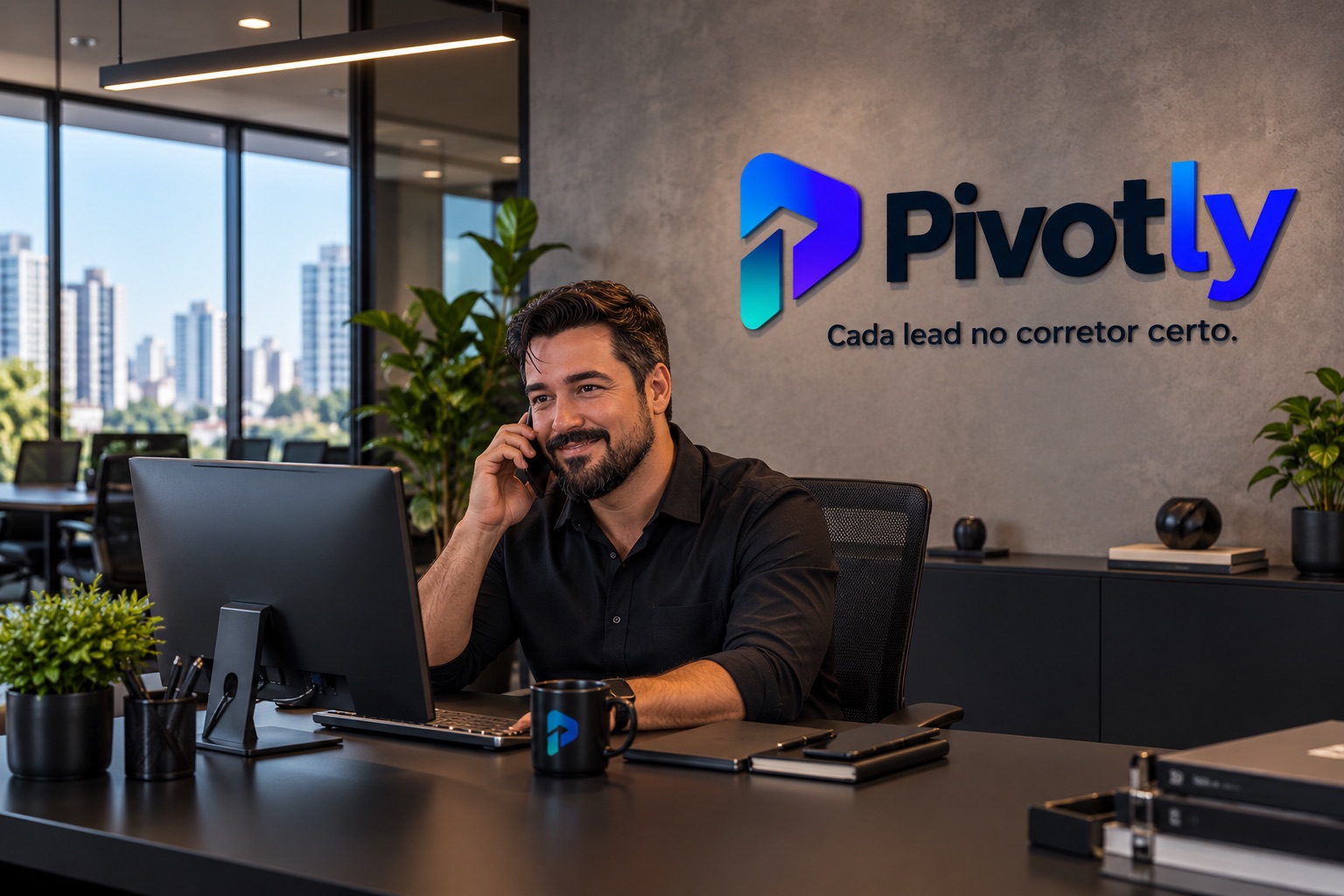 Gestor ao telefone no escritório da Pivotly